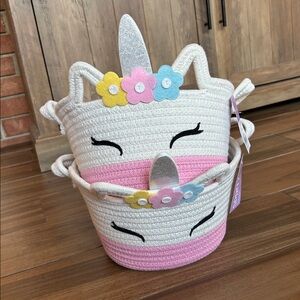 2 Spiritz Kids White and Pink Unicorn Basket with Floral Accents
